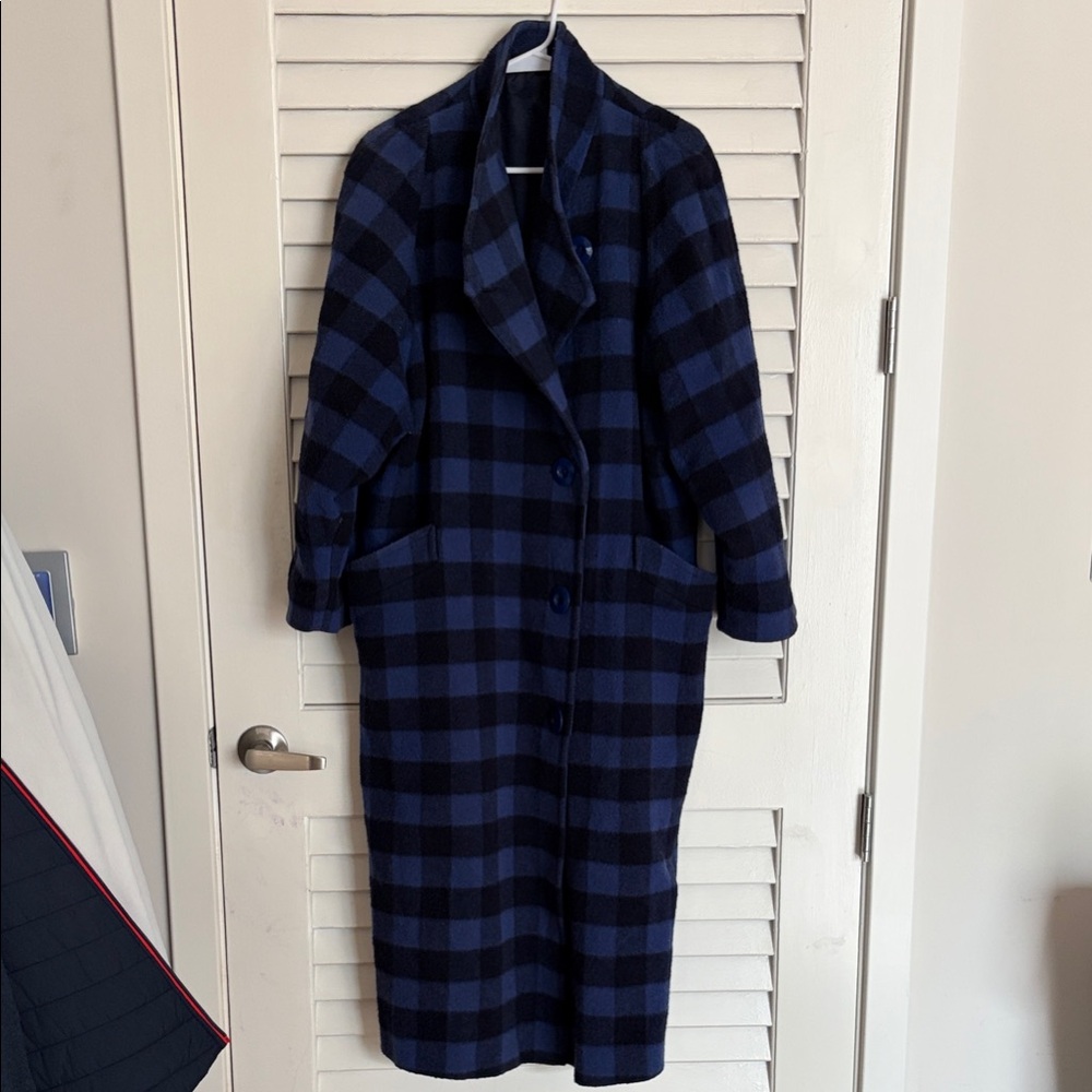 Blue and Black Buffalo Check Vintage Women’s Long Wool Coat